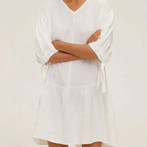MNG by Mango White Tie Sleeve Ruffle Hem Shift Dress/ Coverup NWT Sz 2